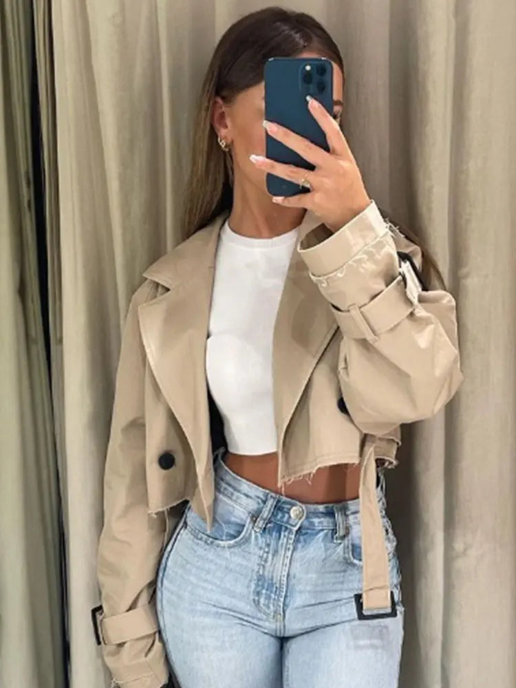 Women Cropped Trench Coat Vintage Double Breasted Belted Spring Jacket