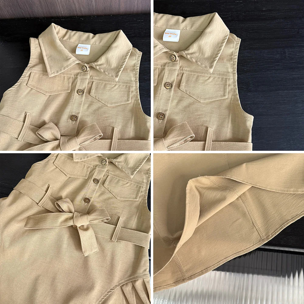 Girls Summer Sleeveless Dress with Waistband Solid Color Kids Outfit