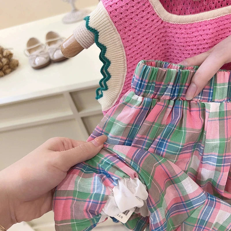 Girls Knit Summer Set Vest & Flower Shorts 2 Piece Outfit