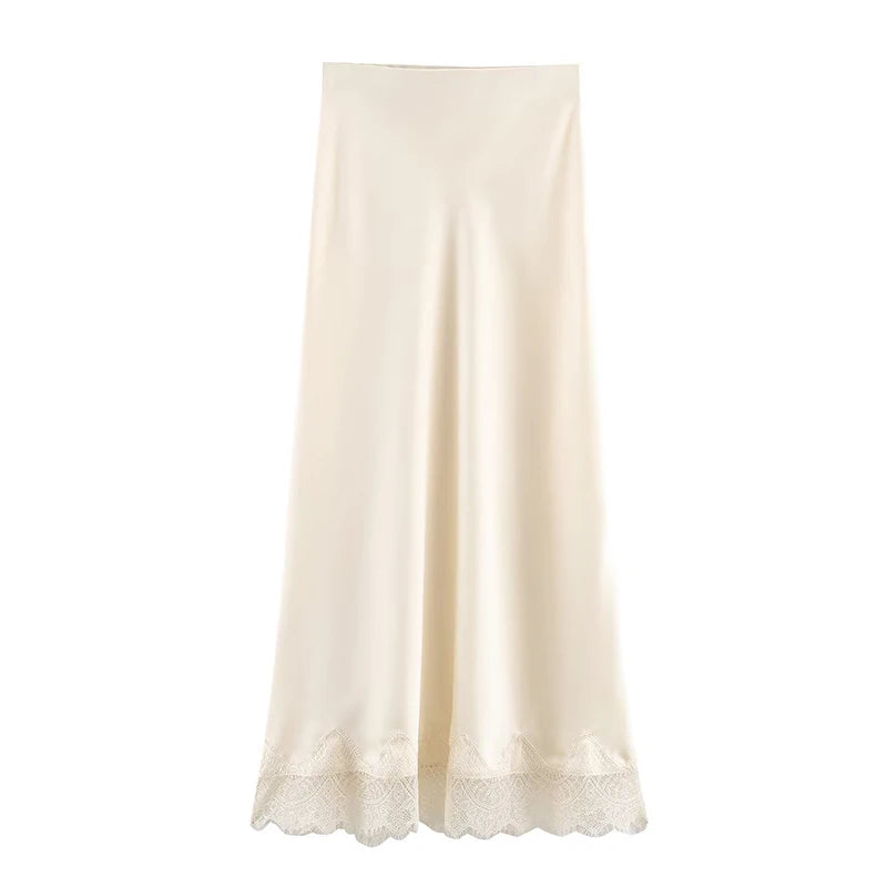 Women Lace Detail Pleated A Line Midi Skirt High Waist Elegant Skirt