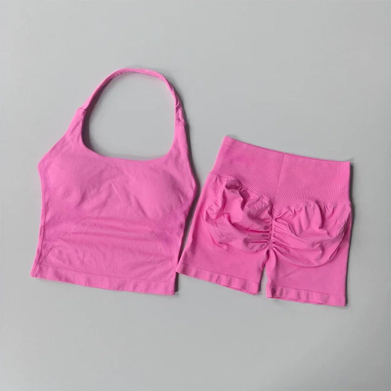 Seamless Yoga Set Women Halter Sports Bra High Waist Shorts Gym Workout Set