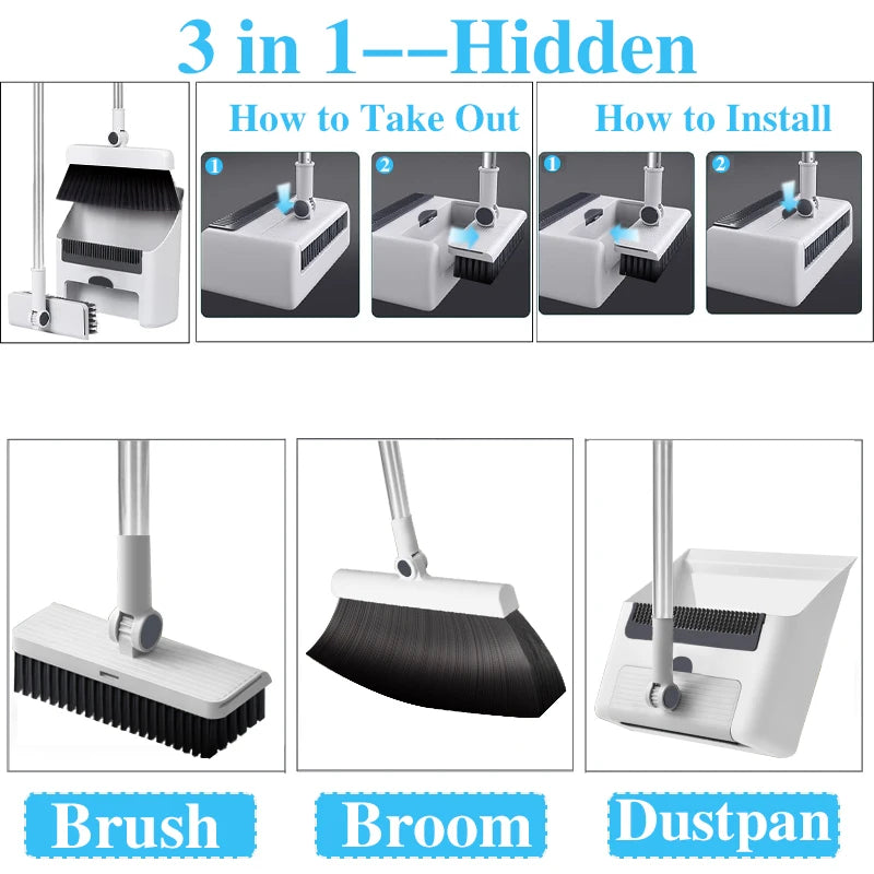 3 in 1 Broom and Dustpan Set Long Handle Floor Cleaning Brush Home Use