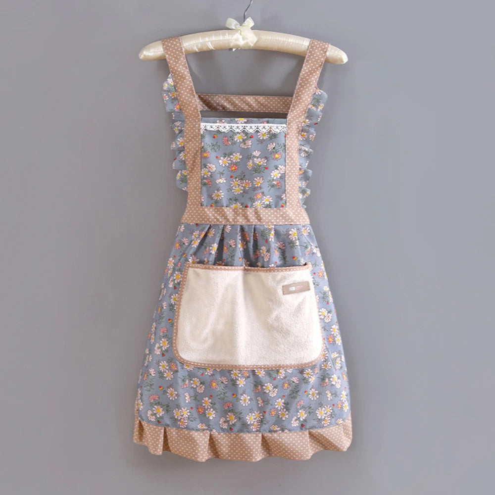 Women Floral Kitchen Apron with Pocket Adjustable Cooking Apron