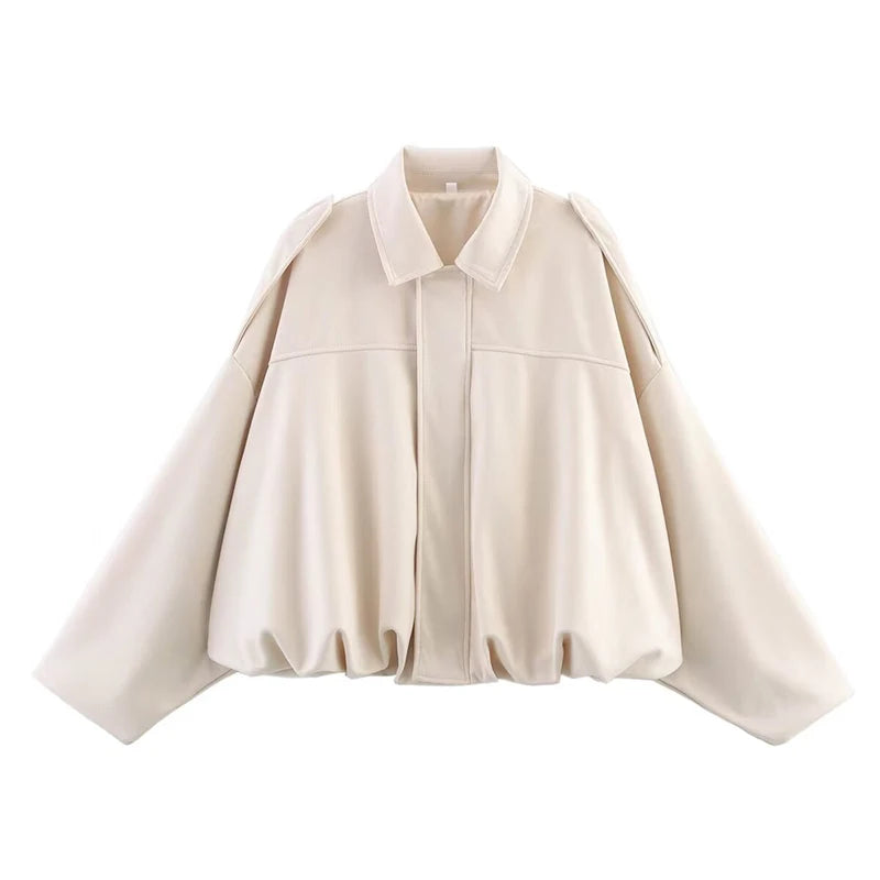 Women Bomber Jacket Vintage Turn Down Collar Loose Fit Coat Chic Outerwear
