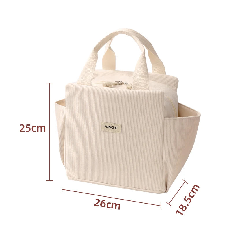 Corduroy Thermal Insulated Lunch Bag Multifunctional Storage Handbag Picnic Cooler Bag