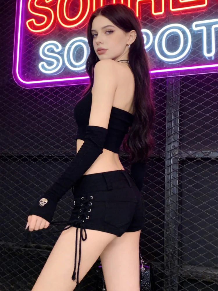 Women Gothic Low Waist Denim Shorts Y2K Style