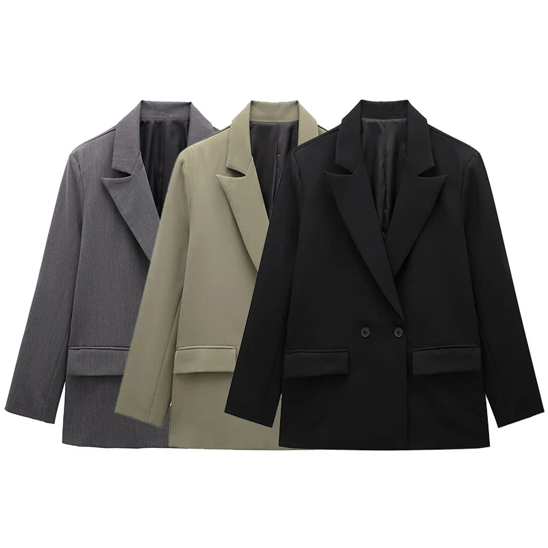 Women Double Breasted Blazer with Pockets Vintage Office Jacket