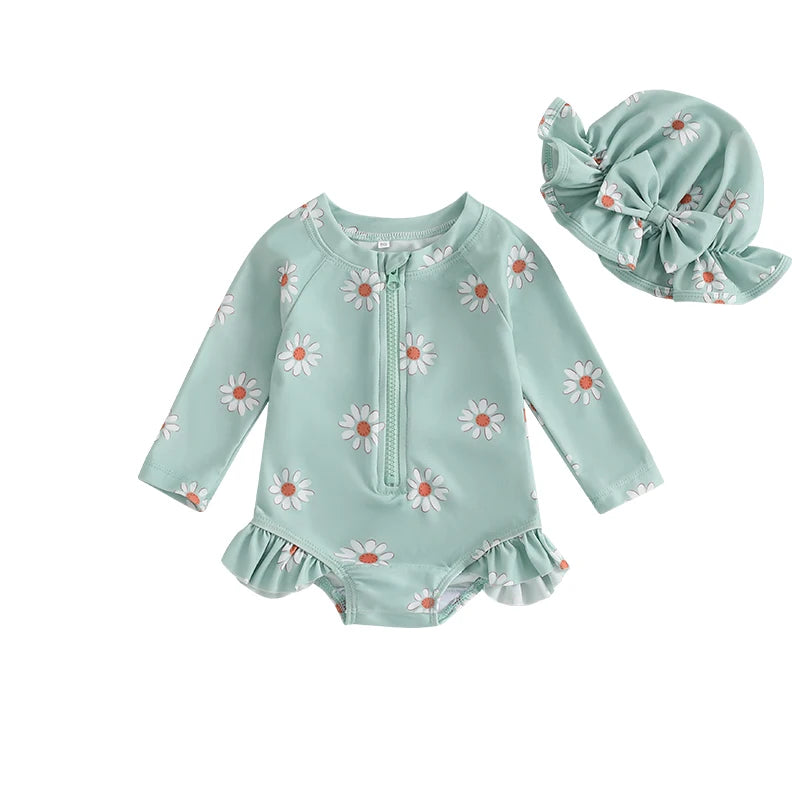 Baby Girl Floral Rash Guard Swimsuit with Hat