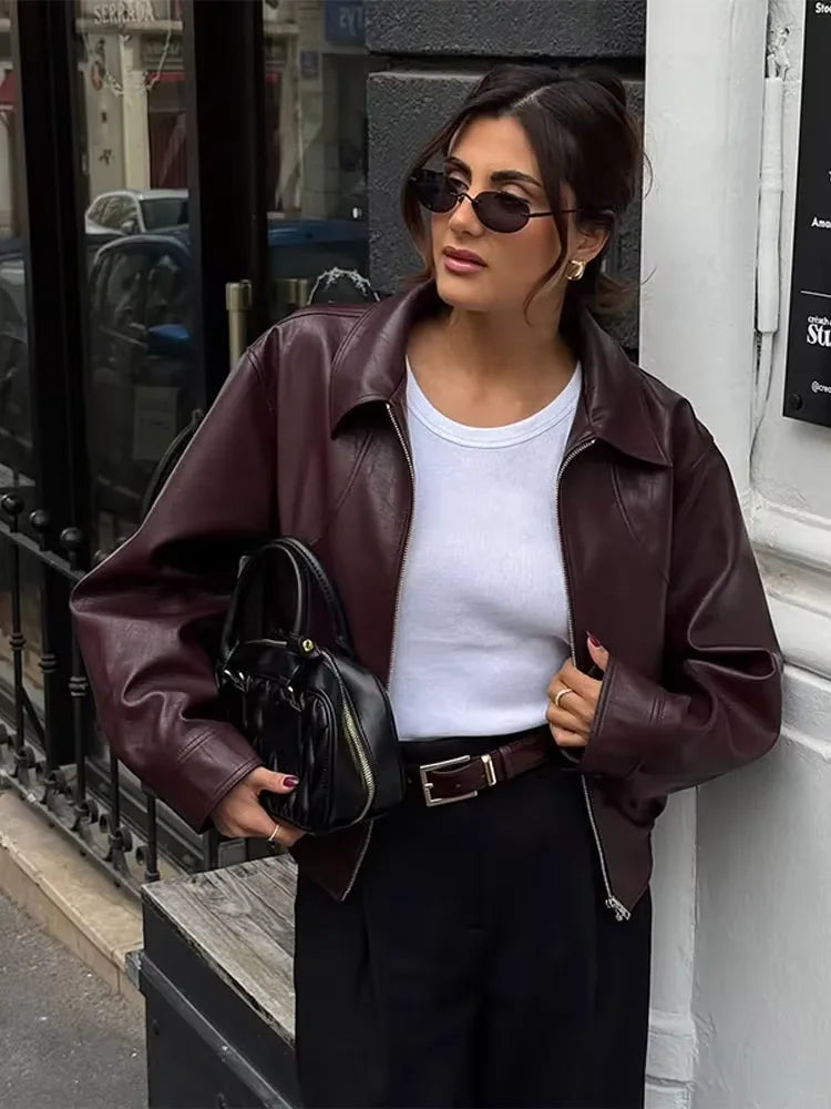 Women Wine Red Faux Leather Short Jacket Lapel Zipper Long Sleeve Retro Autumn Coat