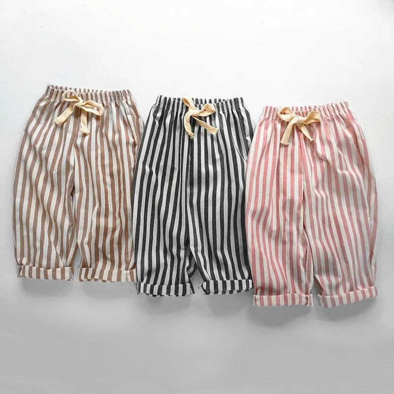 Kids Striped Linen Cotton Pants Vintage Loose Harem Trousers for Boys & Girls
