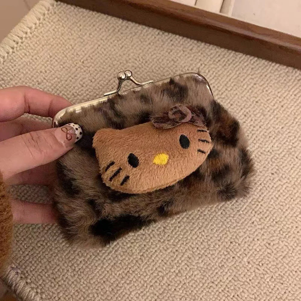 Kitty Leopard Print Plush Coin Purse Mini Makeup Storage Bag