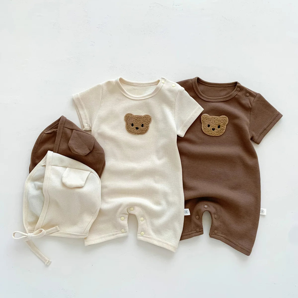 Baby Waffle Cotton Romper Short Sleeve Bear Jumpsuit with Hat