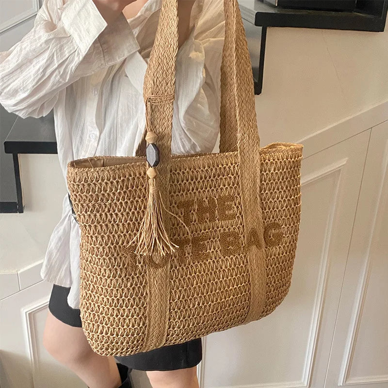 French Style Woven Straw Tote Bag Large Capacity Beach Shoulder Bag