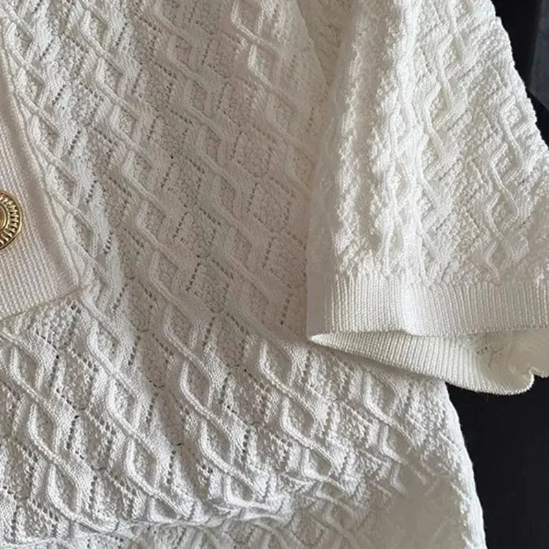 Women Ice Silk Polo Shirt Knitted Short Sleeve Jacquard Summer Chic Thin Top Style