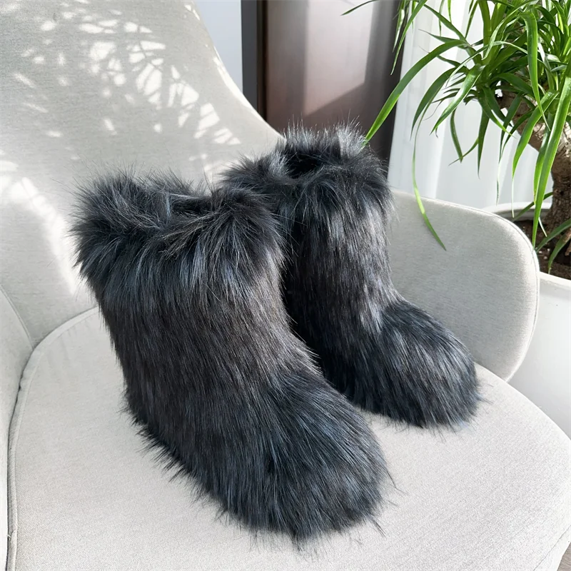 Women Fur Snow Boots Warm Mid Calf Winter Shoes