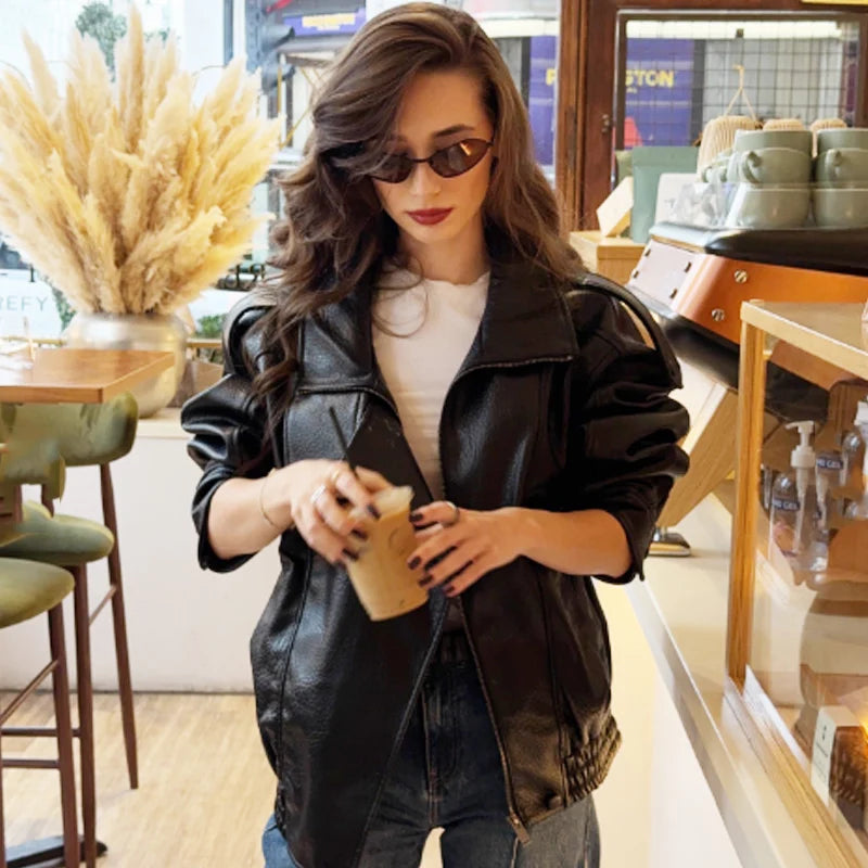 Women Black Cropped Faux Leather Bomber Jacket Oversize Zip Up Coat