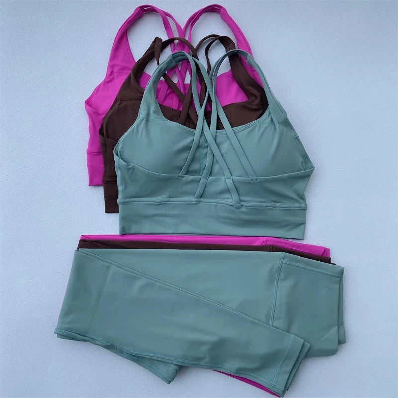 Solid Color Gym Fitness Set Sports Bra High Waist Leggings Compression Yoga Outfit