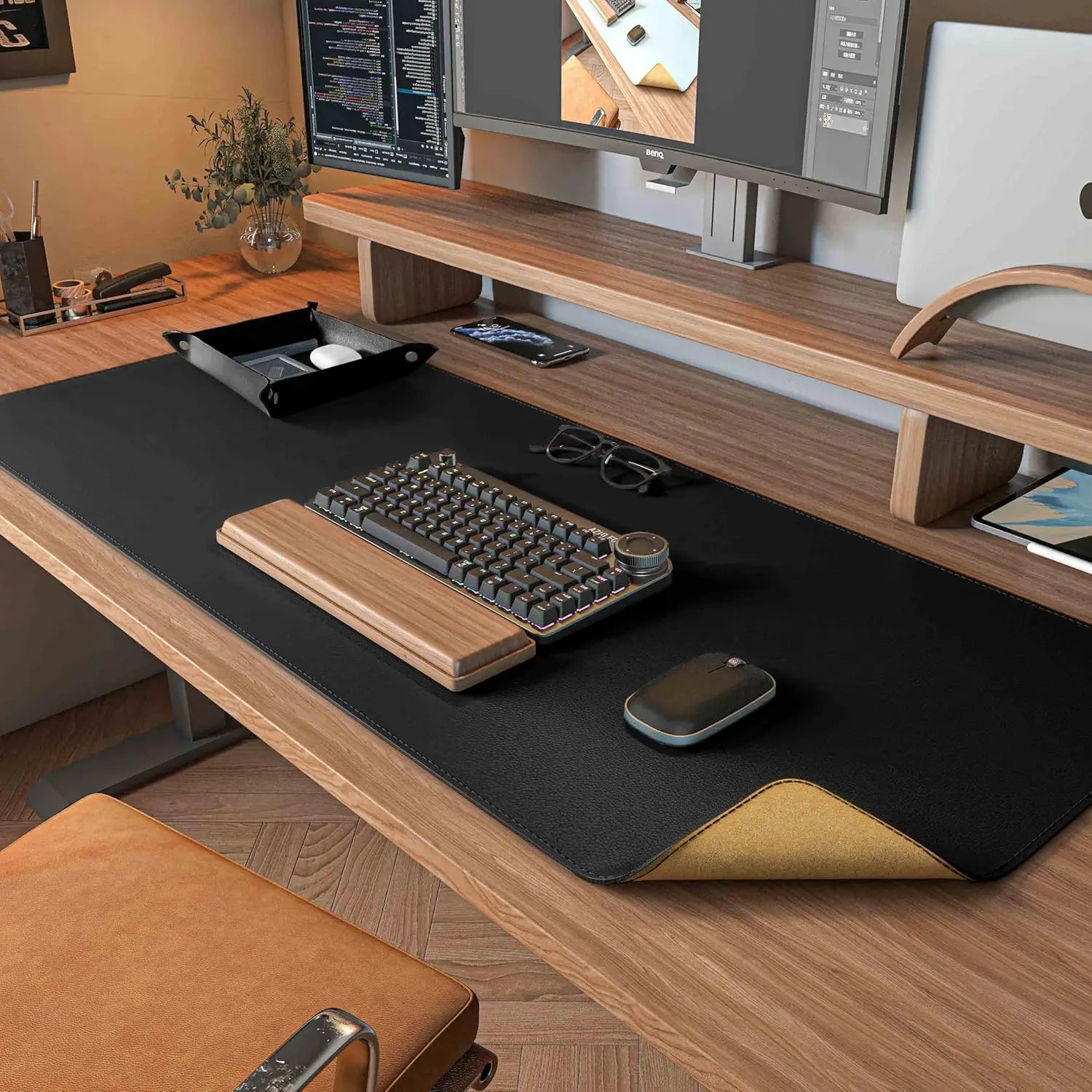 Dual Sided Leather Cork Desk Mat Large Mouse Pad for Office Home