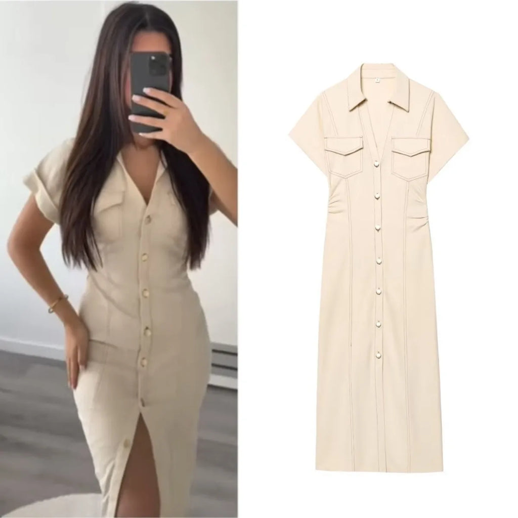 Women Denim Midi Dress Lapel Slim Fit Waist Belted Side Zipper Elegant Spring Dress
