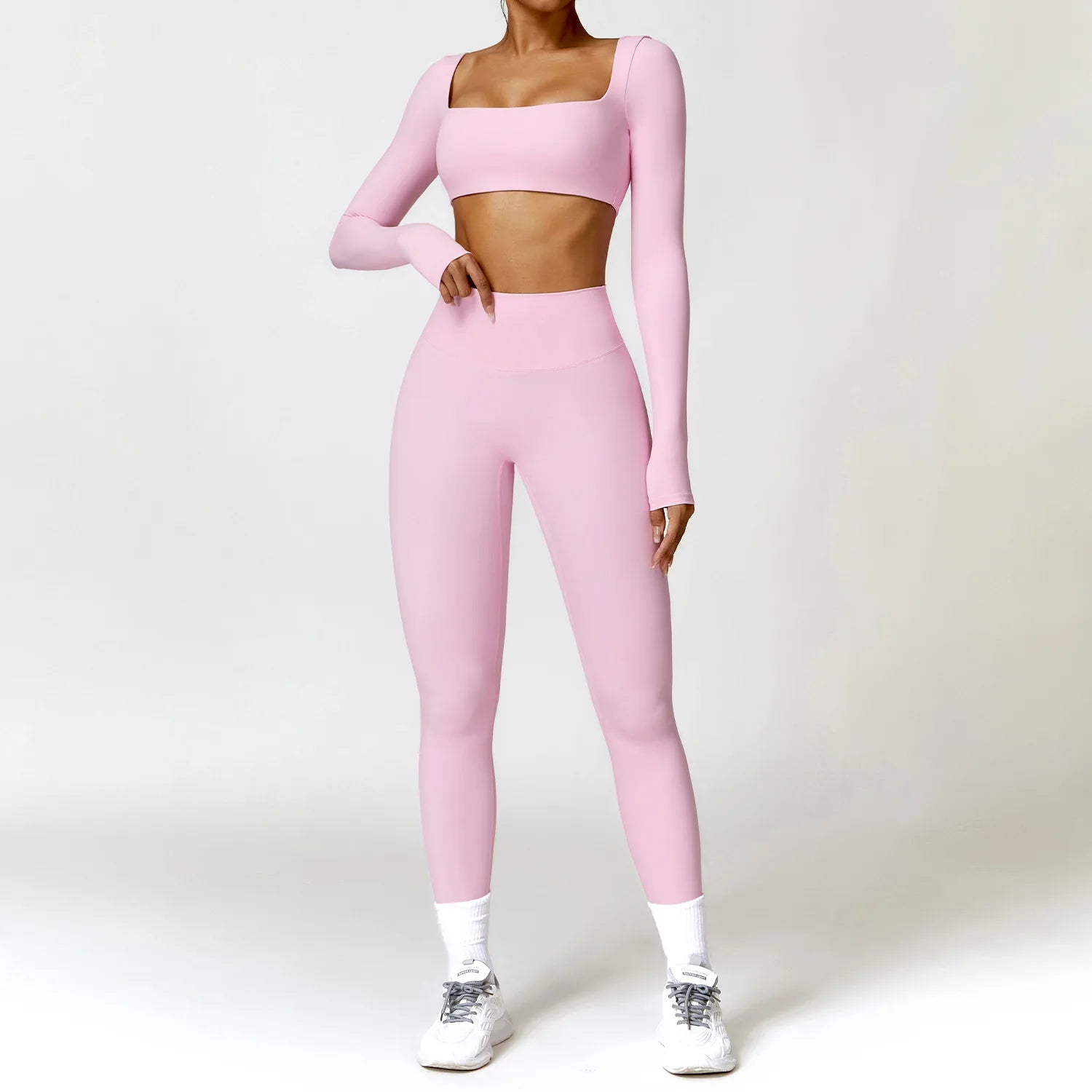2PCS Seamless Yoga Set Women Long Sleeve Crop Top High Waist Leggings Workout Outfit