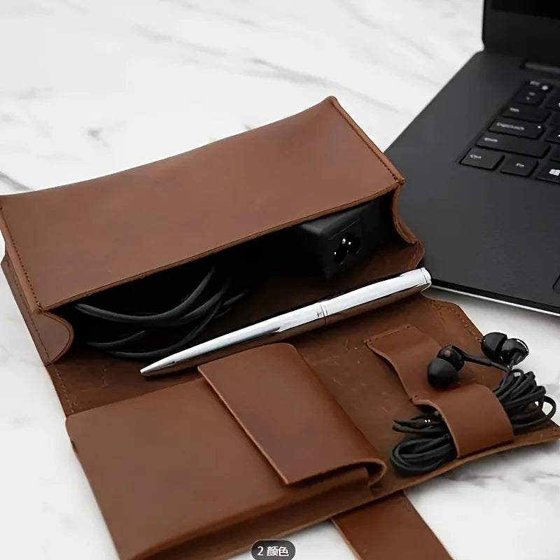 Leather Cable Organizer Travel Electronics Storage Bag
