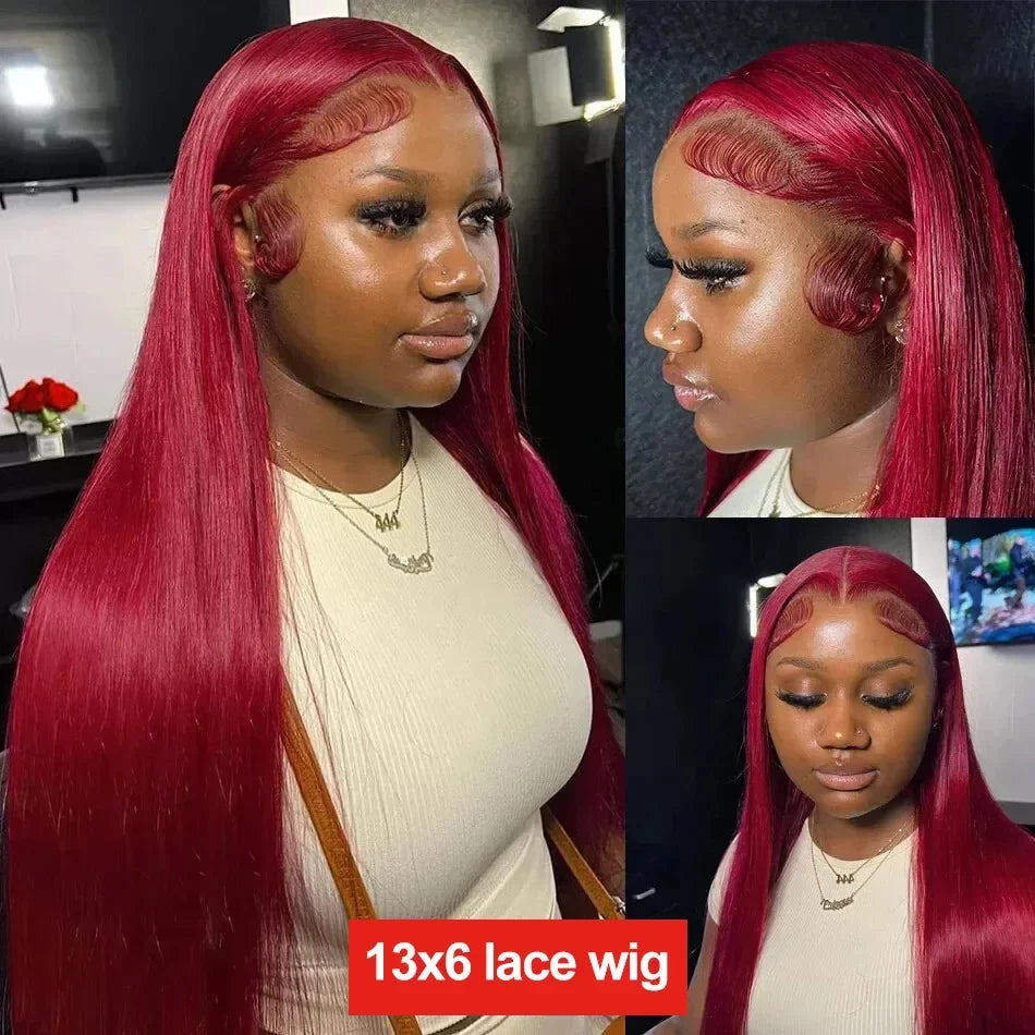 99J Burgundy Wig – Straight HD Lace Front Human Hair Wig (Wine Red)