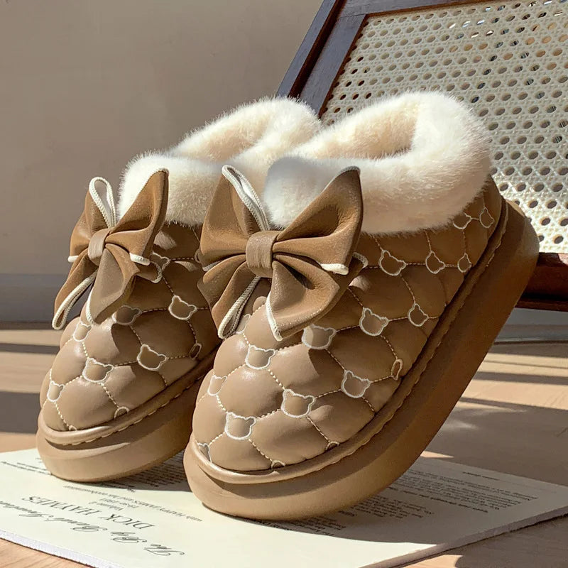 Women Winter Platform Ankle Boots Fluffy Indoor Slippers Bow Warm House Shoes