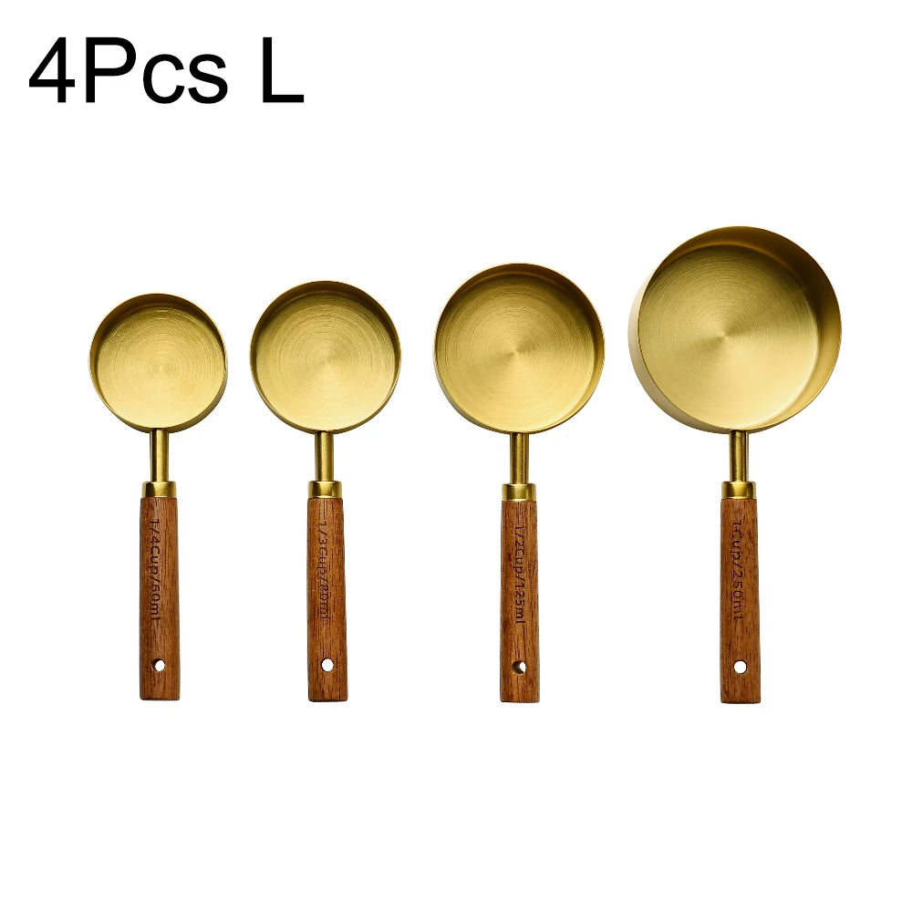 Stainless Steel Measuring Cups Spoons Set Wooden Handle Baking Coffee Tools