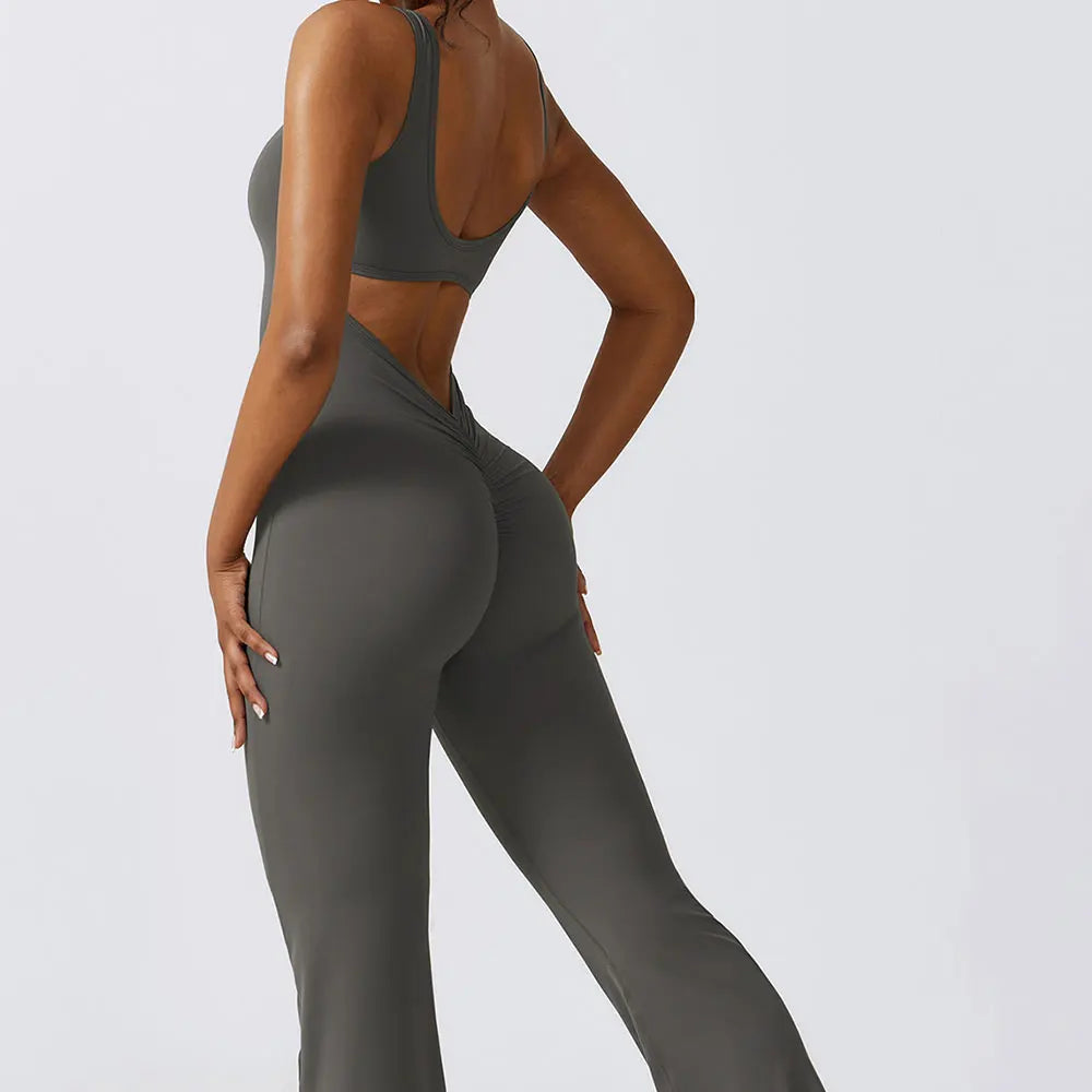 Women Backless Flare Jumpsuit Push Up Body Shaping Fitness Yoga Romper
