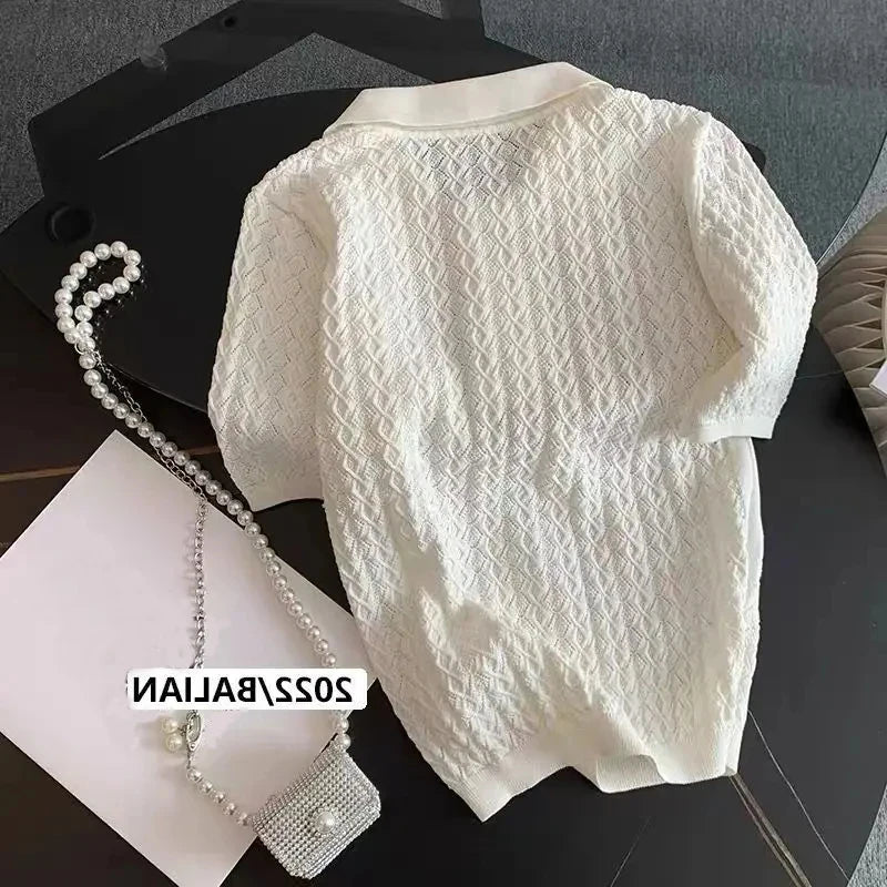 Women Ice Silk Polo Shirt Knitted Short Sleeve Jacquard Summer Chic Thin Top Style