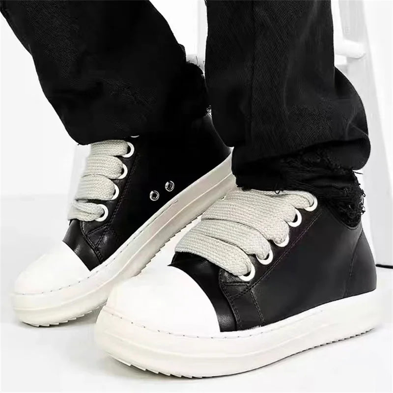 Unisex Black Leather Platform Sneakers Lace Up Zipper Casual Thick Sole Shoes 2025
