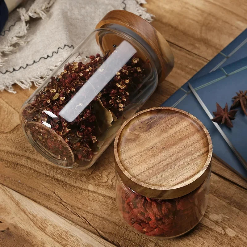 Glass Airtight Food Storage Jar with Wooden Lid Kitchen Canister