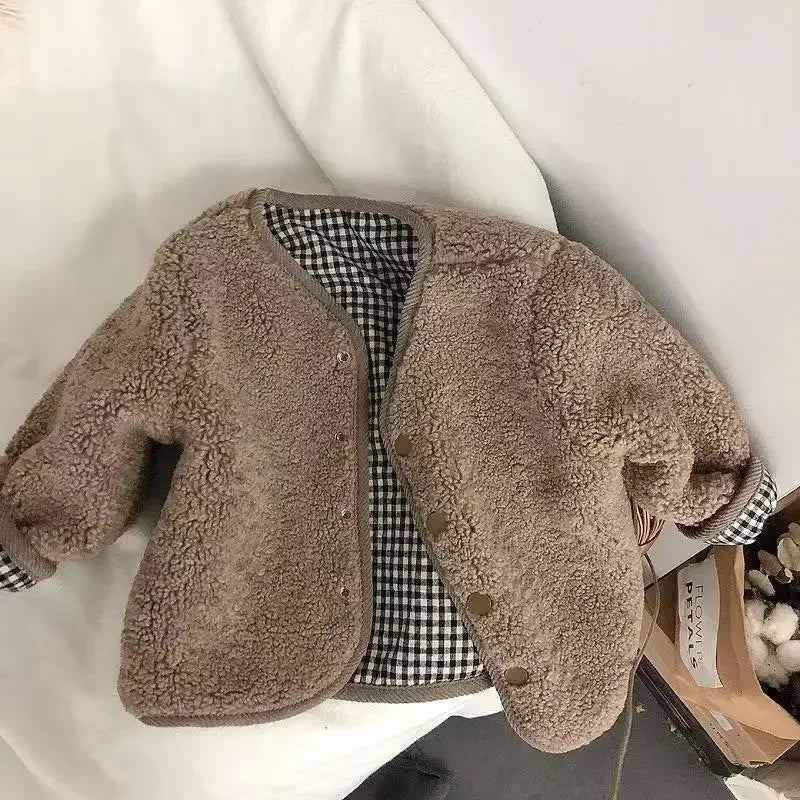 Kids Reversible Plaid Plush Jacket Warm Autumn Winter Coat Boys Girls
