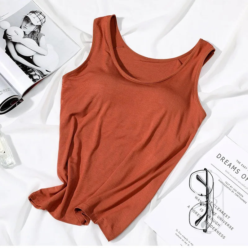 Women’s Padded Tank Top with Built In Bra Slim Fit Solid Color Vest
