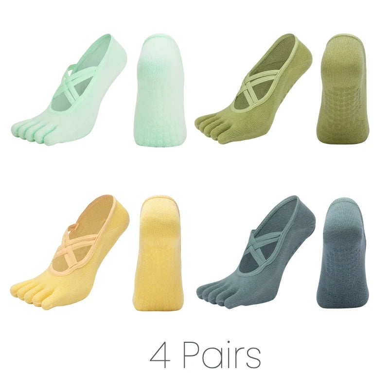 Women Anti Slip Pilates Five Toe Yoga Socks Silicone Grip Cotton Fitness Socks 1–4 Pairs