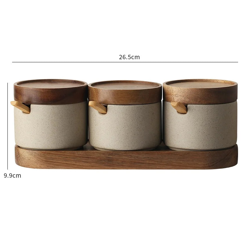 Ceramic Seasoning Jar with Bamboo Lid Spoon Japanese Spice Container Kitchen Storage