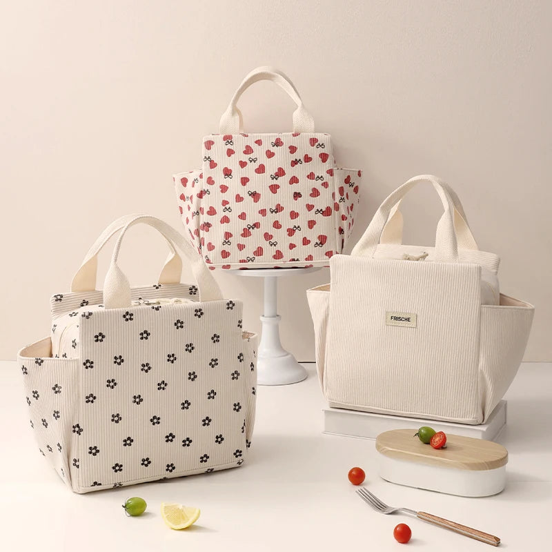 Corduroy Thermal Insulated Lunch Bag Multifunctional Storage Handbag Picnic Cooler Bag