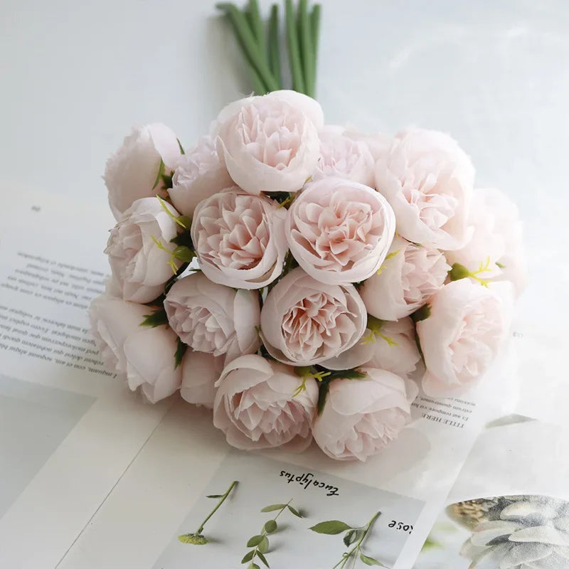 Artificial Pink Peony Rose Bouquet Silk Flowers 27 Heads Home Wedding Decor