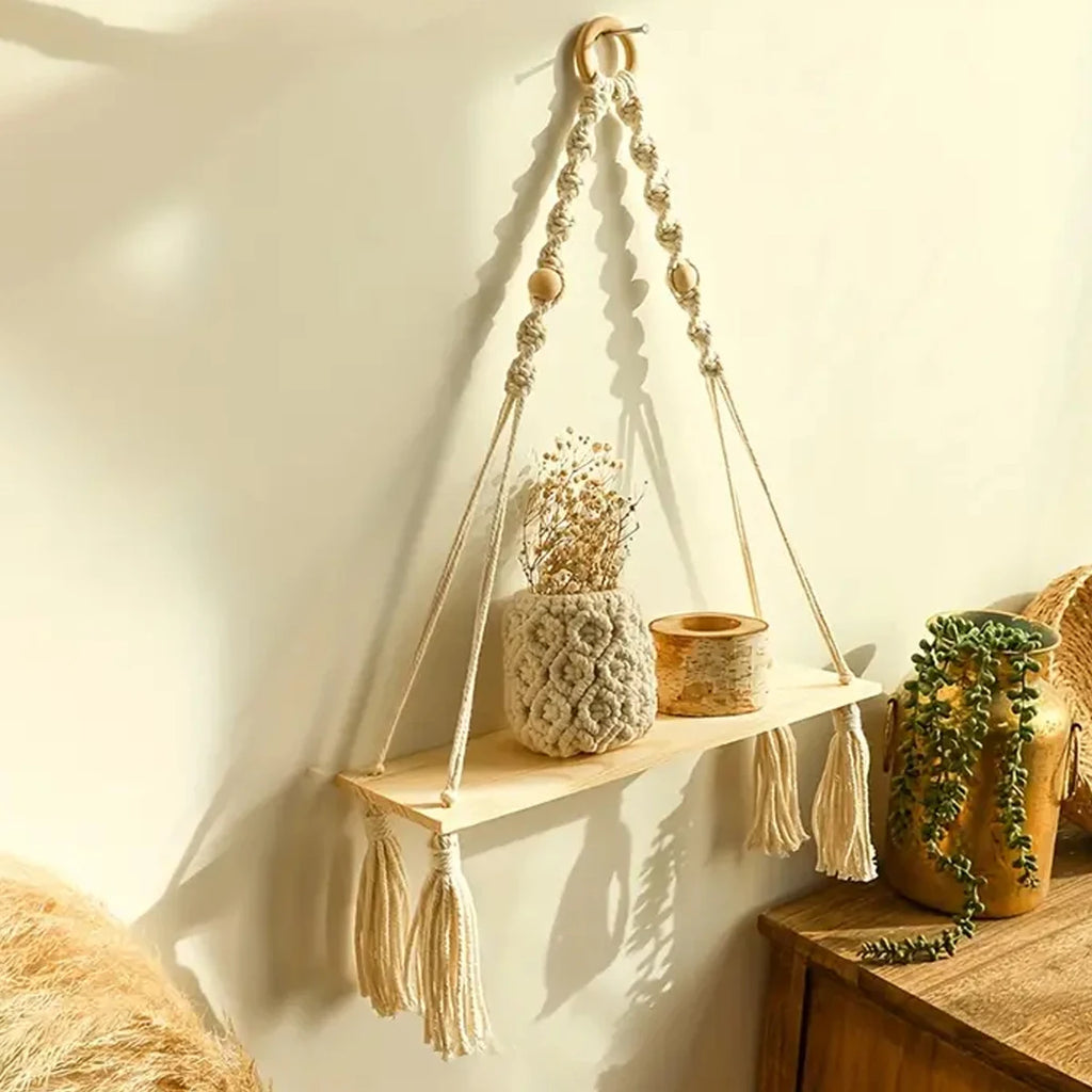 Macrame Hanging Shelf Boho Wall Decor Rustic Wood Floating Shelf
