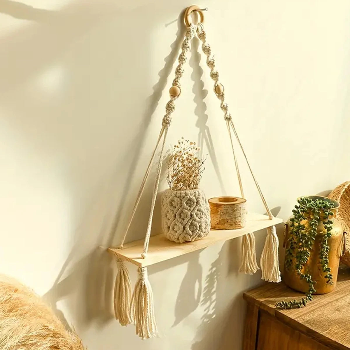 Macrame Hanging Shelf Boho Wall Decor Rustic Wood Floating Shelf