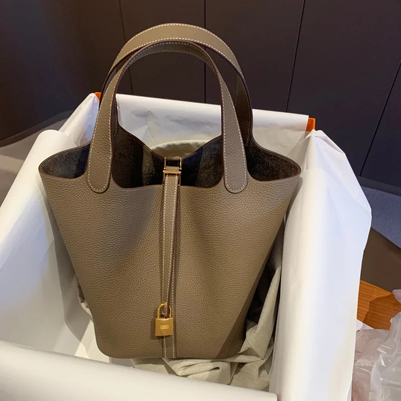 Women Bucket Handbag Soft PU Litchi Pattern Tote Bag with Lock and Scarf