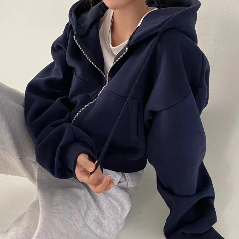 Women Fleece Lined Hooded Sweatshirt Crop Zip Up Slim Fit Warm Navy Blue Jacket