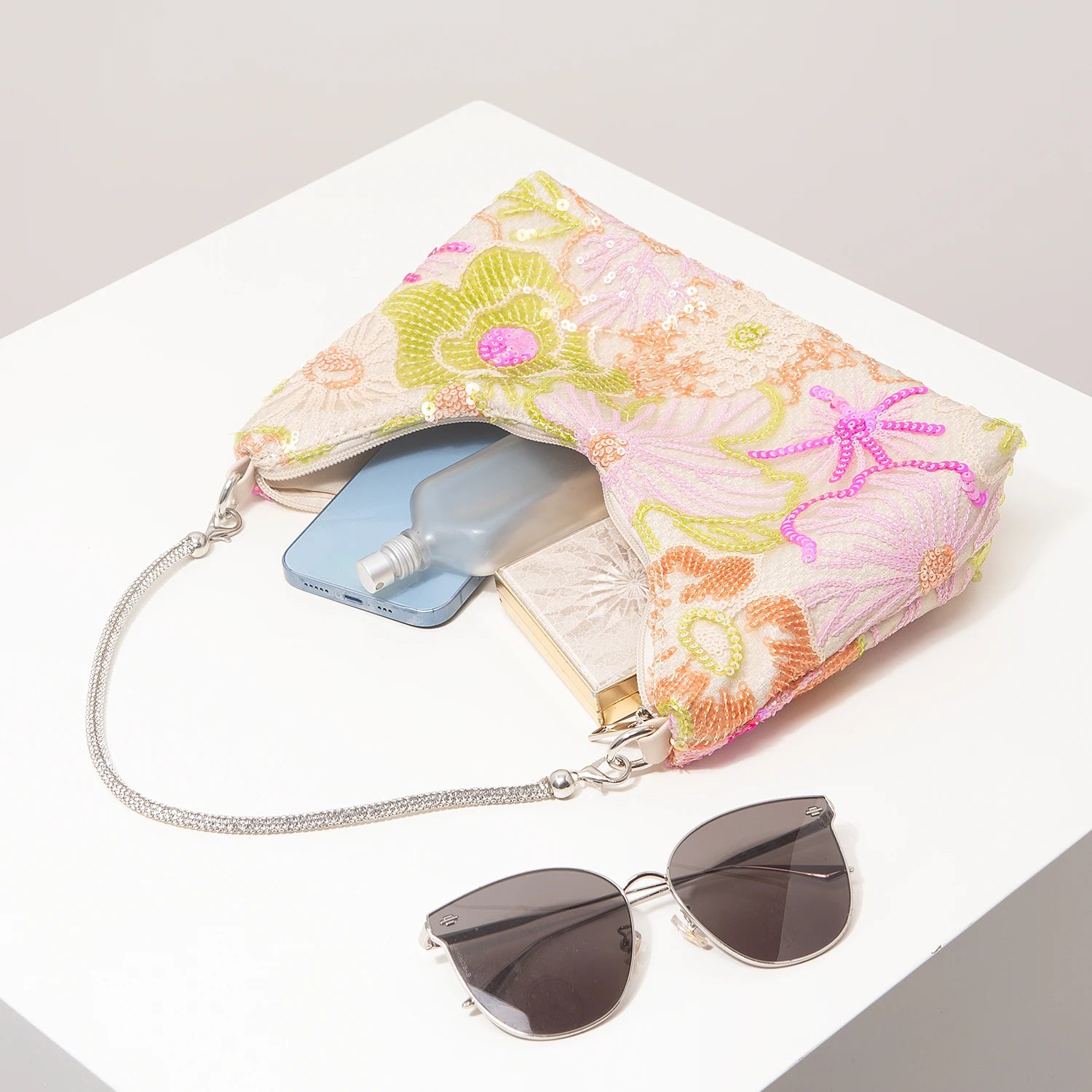Floral Sequin Shoulder Bag Elegant Party Handbag