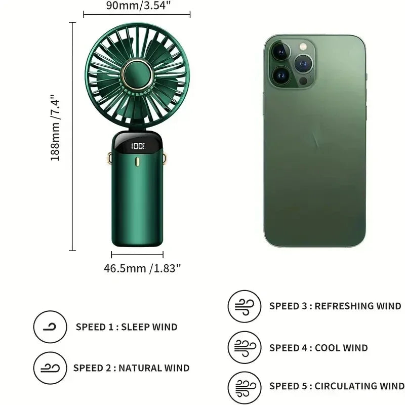 Portable Handheld Fan – Rechargeable Mini Fan with LED Display and 5 Speed Settings