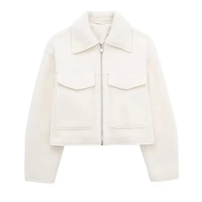 Women Grey Zip Up Jacket Vintage Lapel Long Sleeve Coat with Pockets
