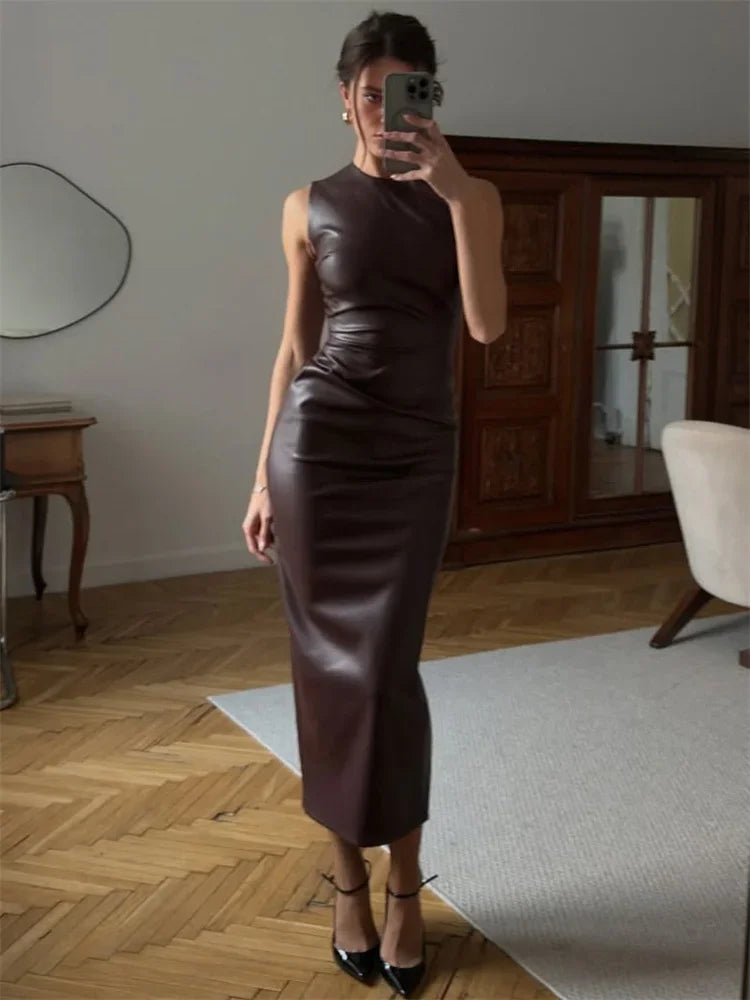 Women PU Bodycon Maxi Dress High Waist Sleeveless Slim Fit Streetwear