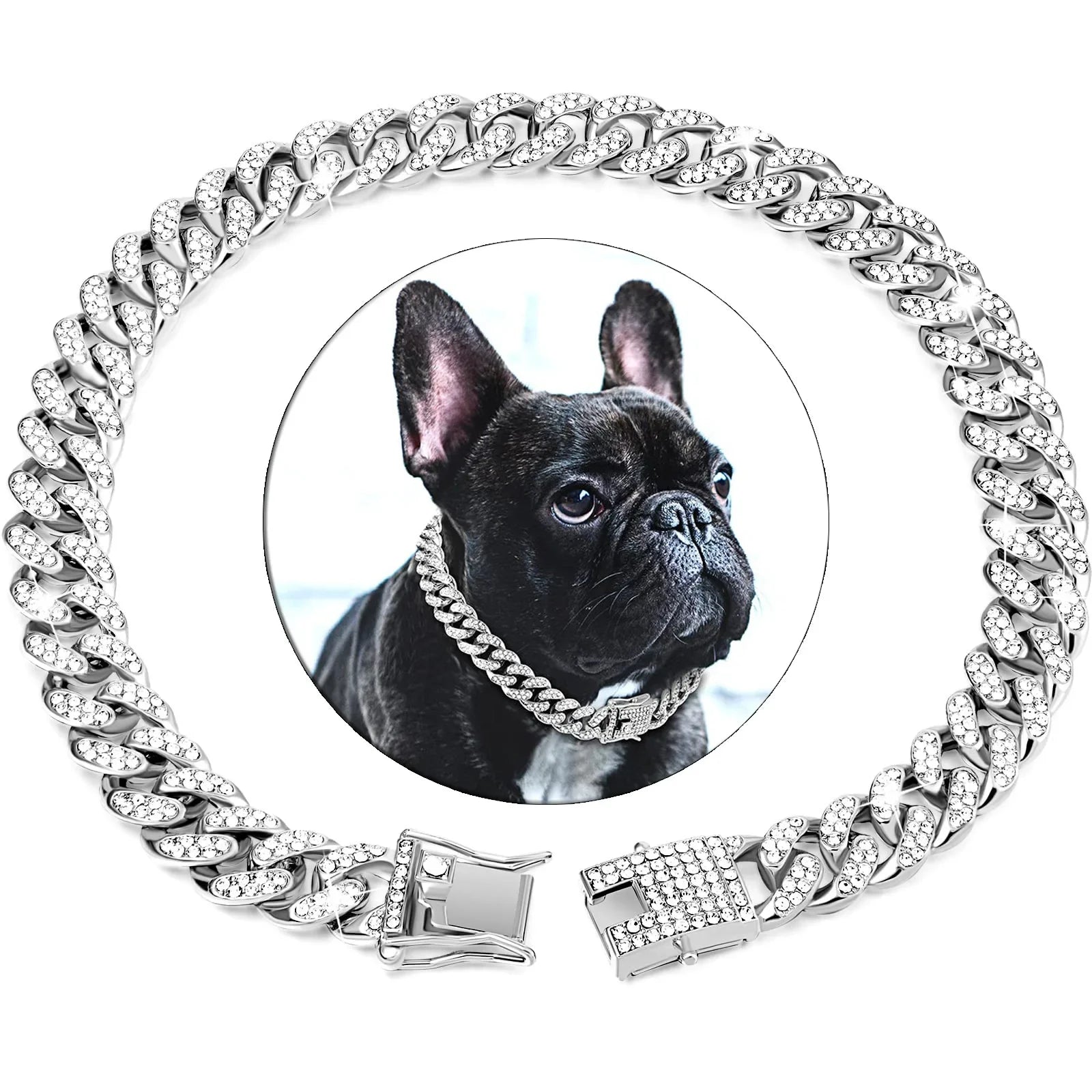 Diamond Cuban Chain Dog Collar Metal Walking Pet Jewelry Secure Buckle Accessories