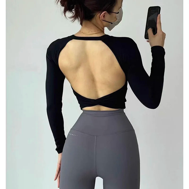Women Yoga Long Sleeve Crop Top Backless Slim Fit Waist Cinch Fitness Shirt