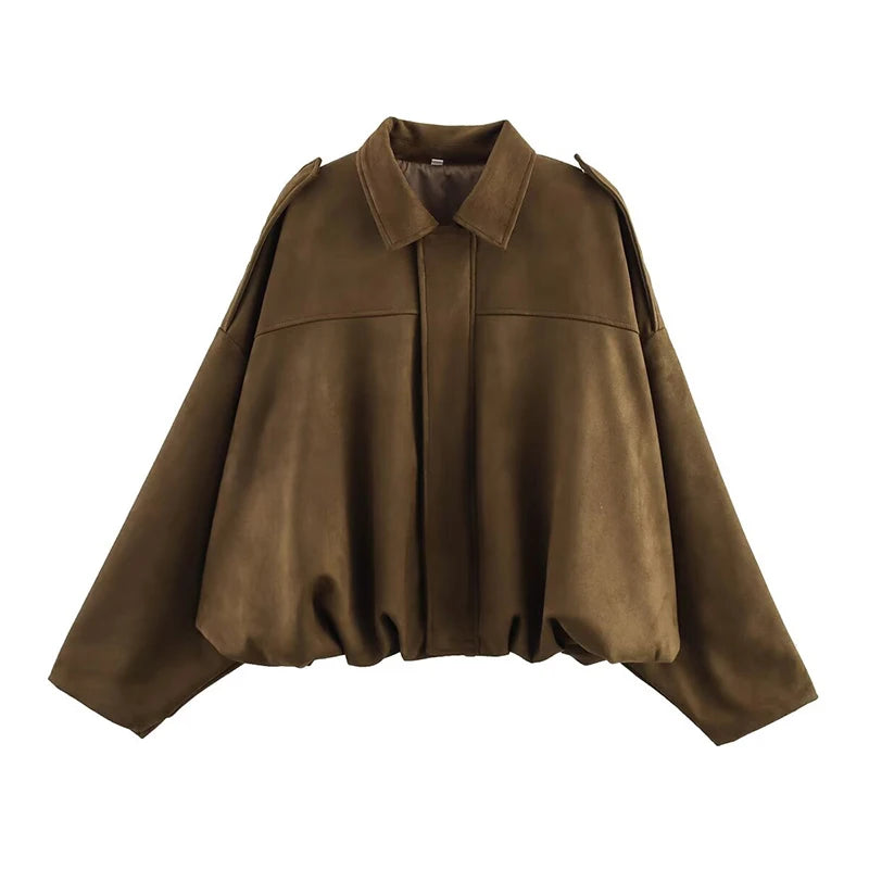 Women Bomber Jacket Vintage Turn Down Collar Loose Fit Coat Chic Outerwear