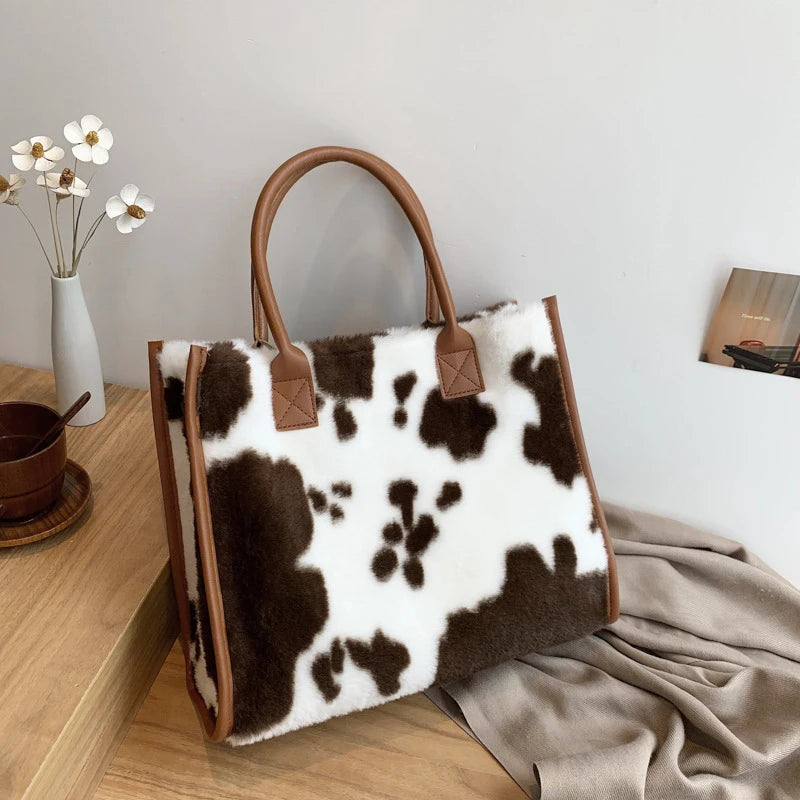 Leopard Faux Fur Tote Bag Soft Plush Shoulder Handbag